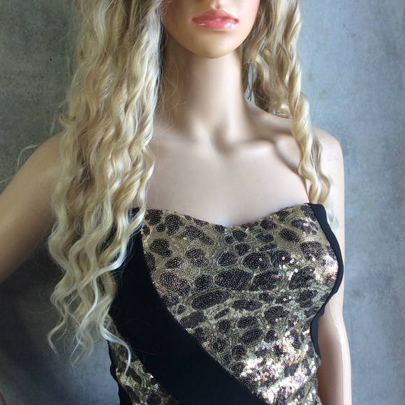 🍒 ANIMAL PRINT LEPORD DRESS MINI SHORT BLING GOLD CLUB SLIM PETITE SPARKLE - Picture 2 of 7